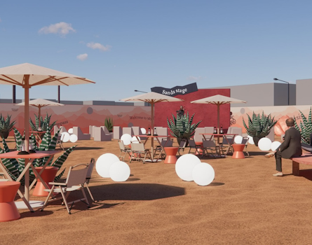 Mzllah - Mystic Mirage is an immersive Emirati-inspired coffee pop-up design by Studio Königshausen in Dubai, United Arab Emirates. Within a 9000 sqm space, desert landscapes are reimagined with vibrant colours, mirrors, and contemporary designs, offering an arty twist to traditional elements.